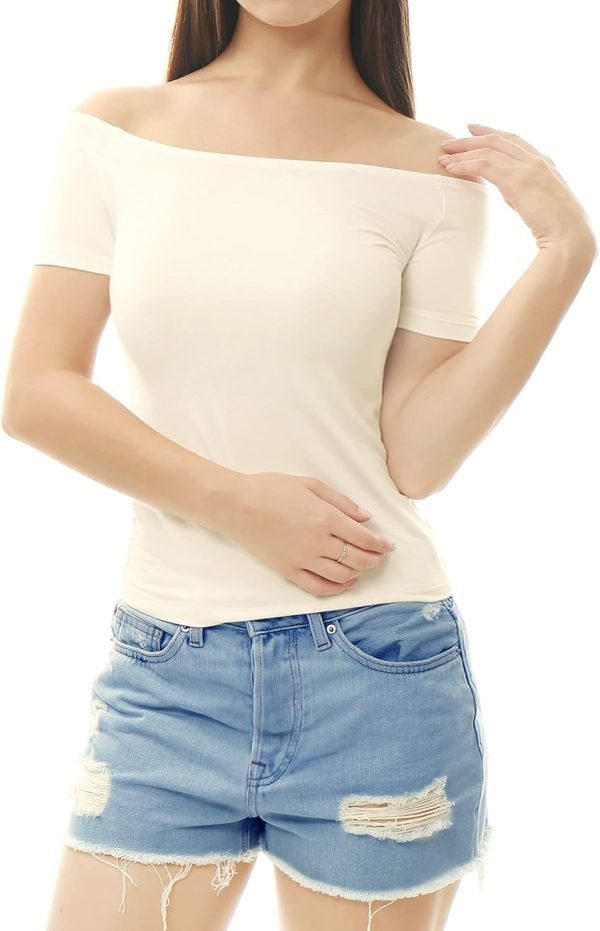 Women Slim Fit Short Sleeves Off The Shoulder Cropped Top - Image 2
